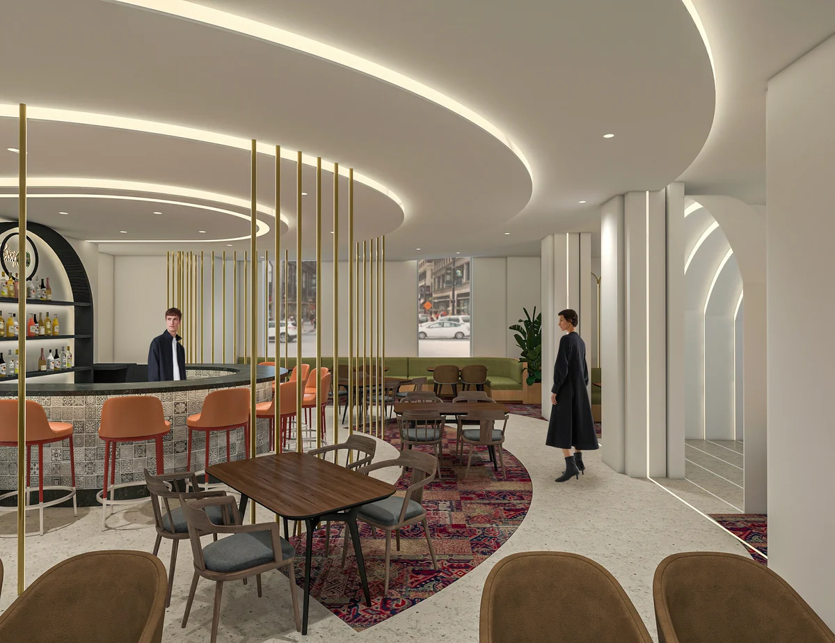 Dining space and curved ceiling lighting · Design visualization