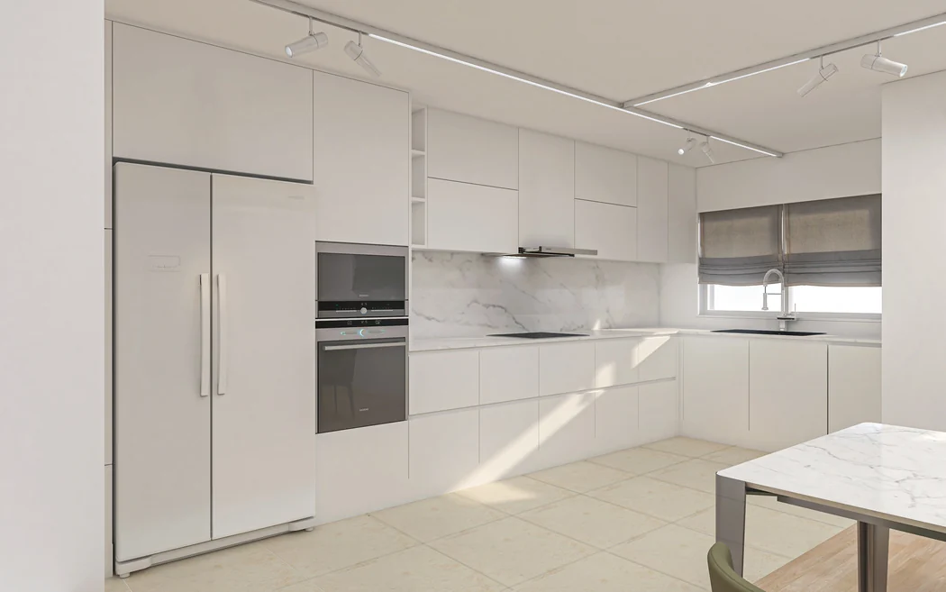 White kitchen and marble worktop · Design visualization