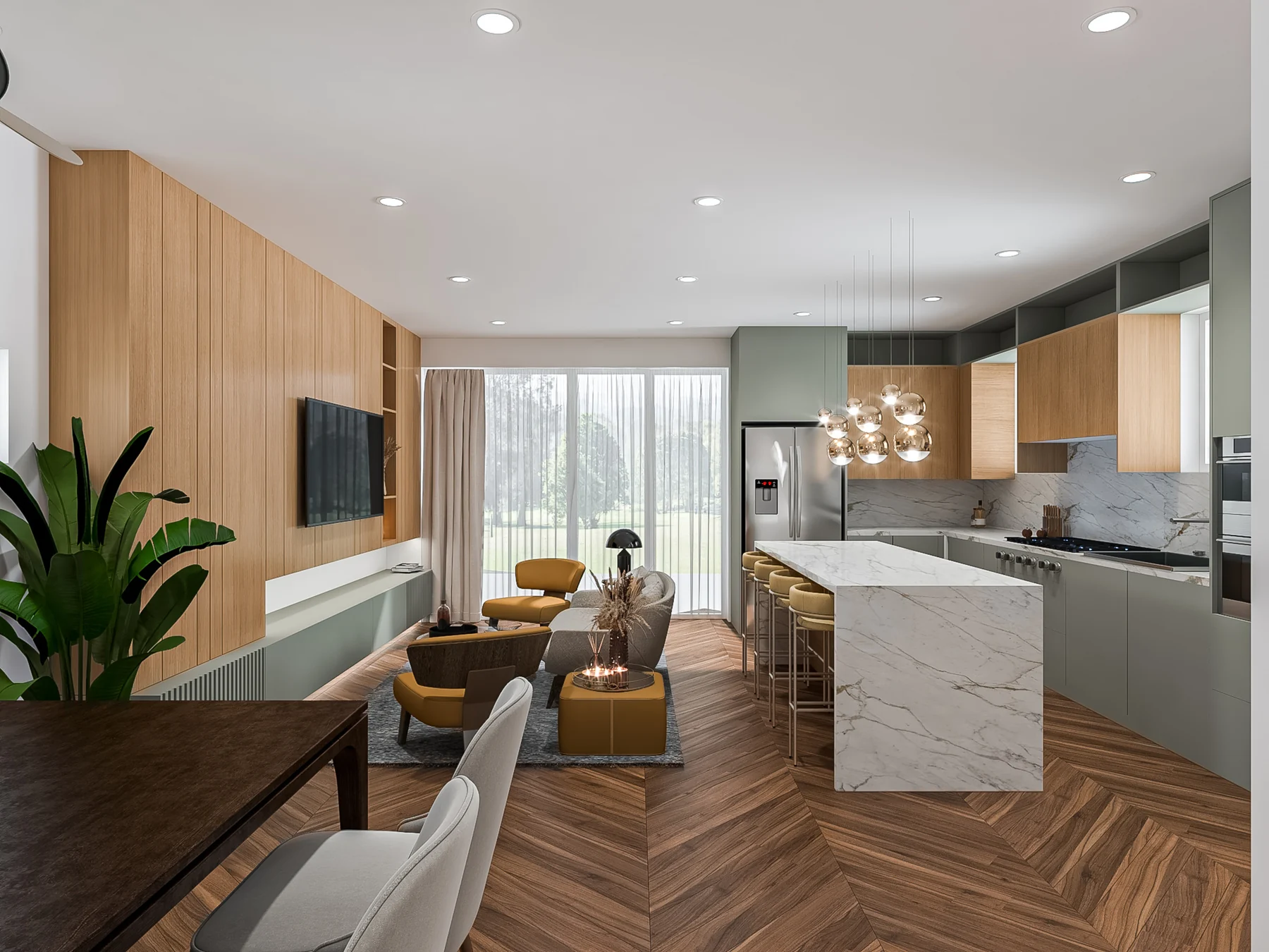 Four Seasons Residence, living and kitchen · Design visualization