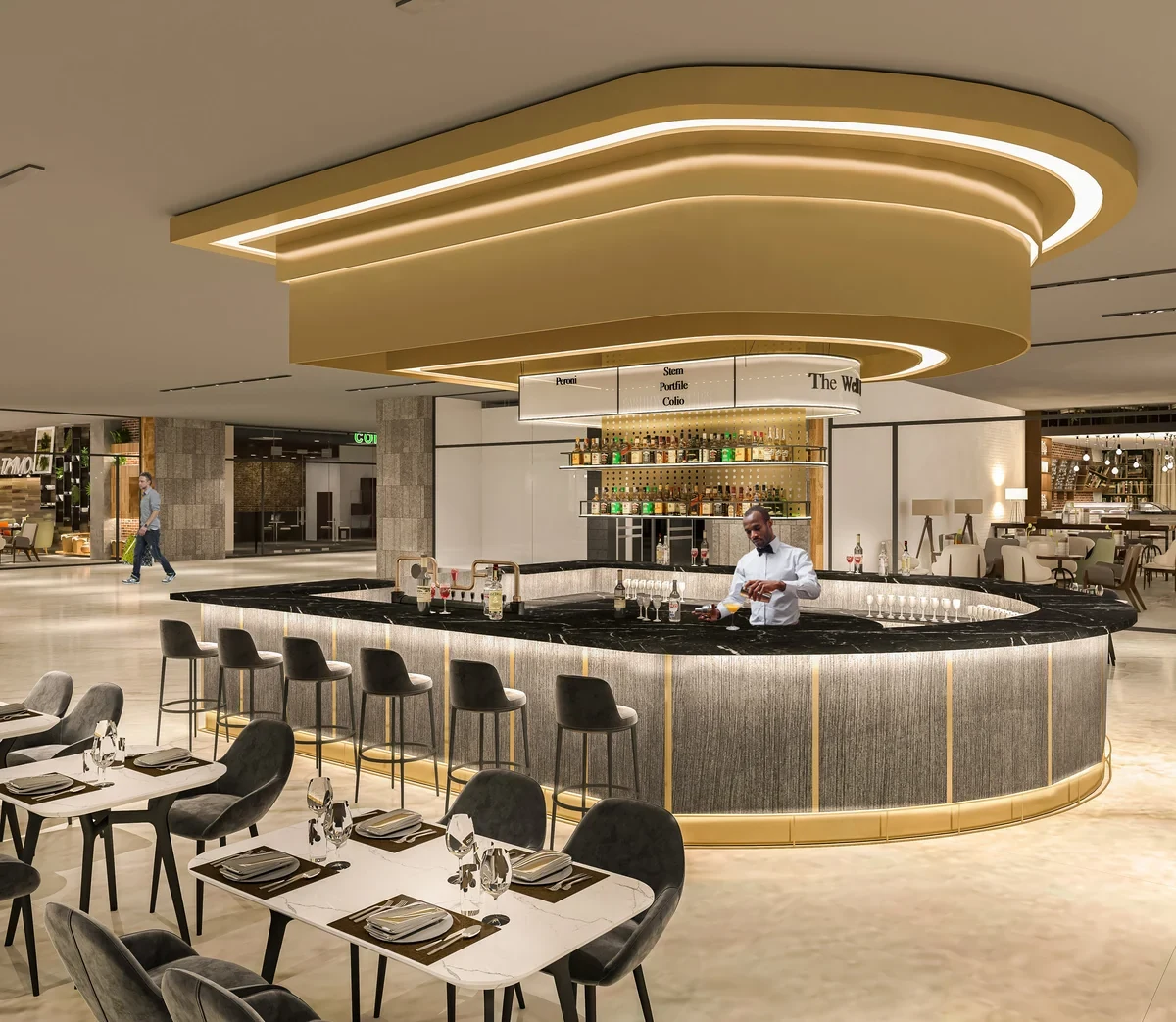Curved bar and illuminated canopy · Design visualization