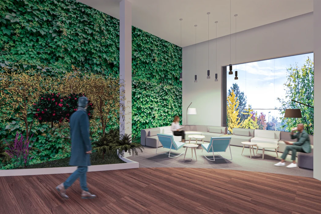 Green wall and informal seating · Design visualization